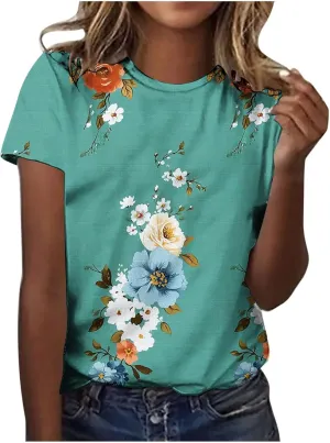 Women's Floral Print Crewneck Tshirt Vintage Dressy Casual Short Sleeve Shirts Lightweight Loose Fit Tunic Tops