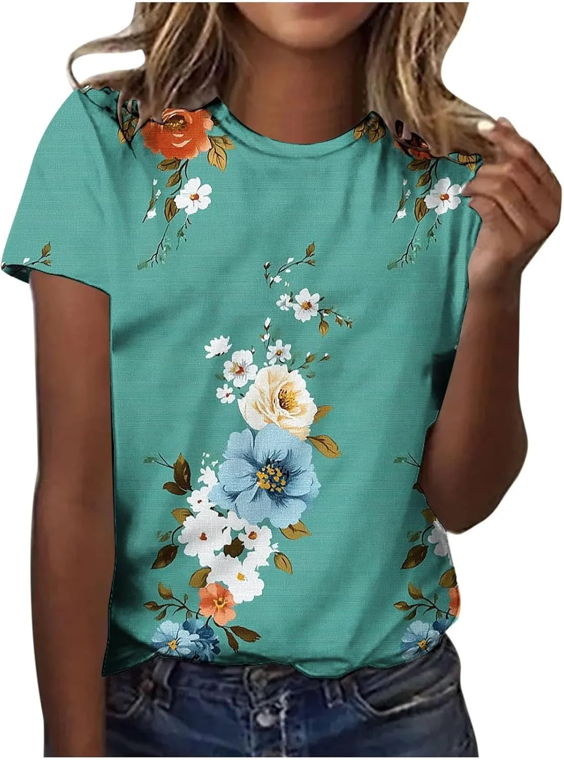 Women's Floral Print Crewneck Tshirt Vintage Dressy Casual Short Sleeve Shirts Lightweight Loose Fit Tunic Tops
