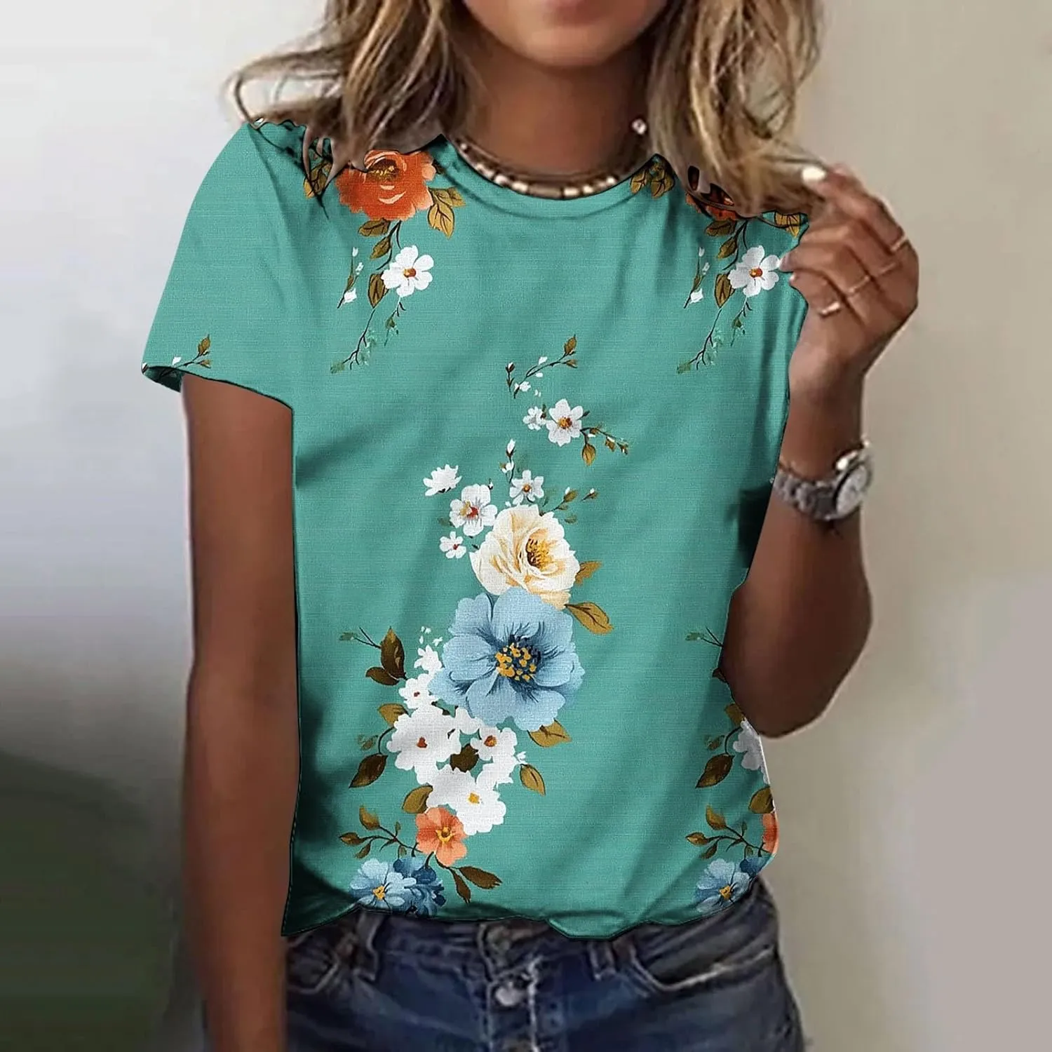 Women's Floral Print Crewneck Tshirt Vintage Dressy Casual Short Sleeve Shirts Lightweight Loose Fit Tunic Tops
