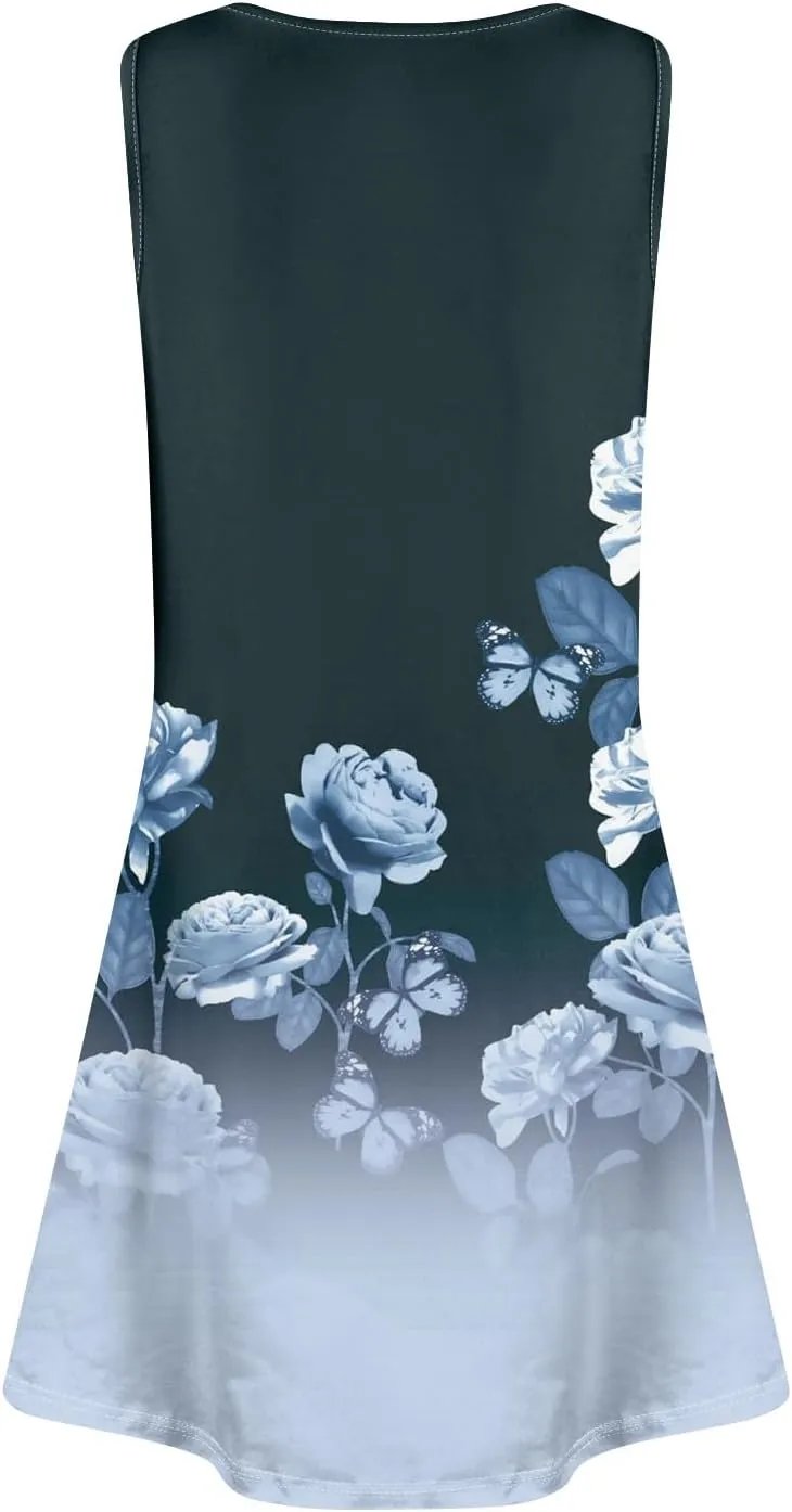Womens Floral Sundress Spring Tunic Dress Sleeveless Summer Tank Dressses Boho Cover Up A Line Dress with Pocket