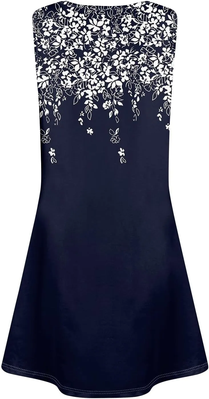 Womens Floral Sundress Spring Tunic Dress Sleeveless Summer Tank Dressses Boho Cover Up A Line Dress with Pocket