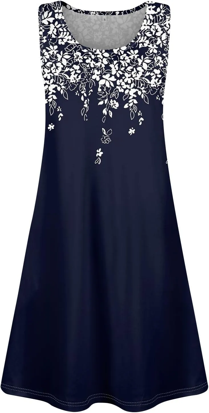 Womens Floral Sundress Spring Tunic Dress Sleeveless Summer Tank Dressses Boho Cover Up A Line Dress with Pocket