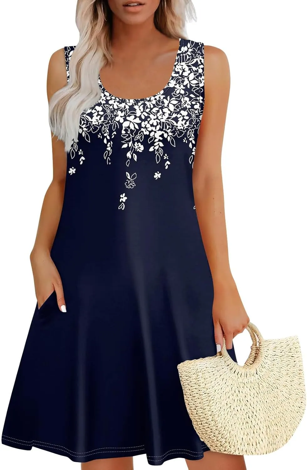 Womens Floral Sundress Spring Tunic Dress Sleeveless Summer Tank Dressses Boho Cover Up A Line Dress with Pocket