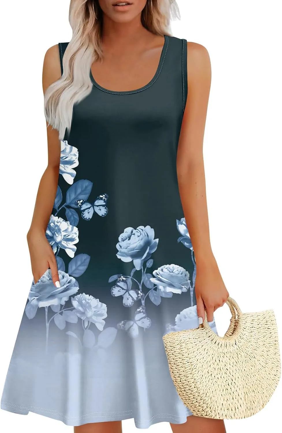 Womens Floral Sundress Spring Tunic Dress Sleeveless Summer Tank Dressses Boho Cover Up A Line Dress with Pocket