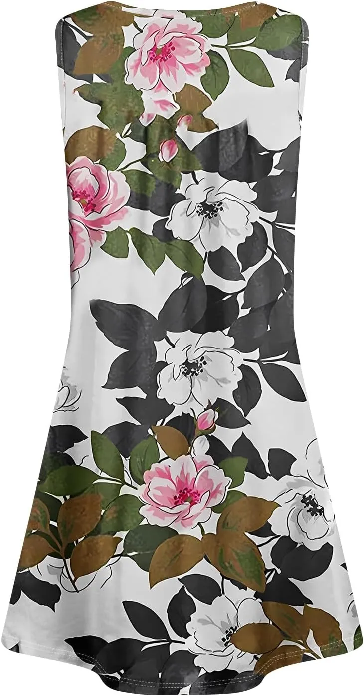 Womens Floral Sundress Spring Tunic Dress Sleeveless Summer Tank Dressses Boho Cover Up A Line Dress with Pocket