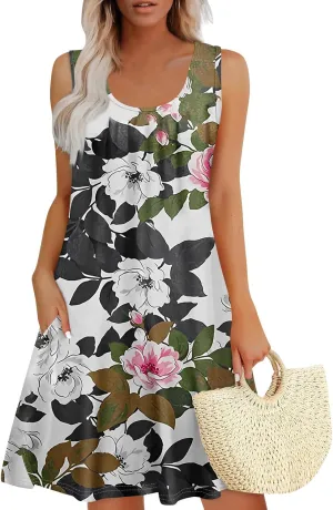 Womens Floral Sundress Spring Tunic Dress Sleeveless Summer Tank Dressses Boho Cover Up A Line Dress with Pocket