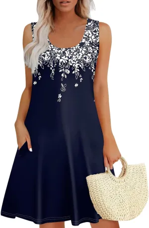 Womens Floral Sundress Spring Tunic Dress Sleeveless Summer Tank Dressses Boho Cover Up A Line Dress with Pocket