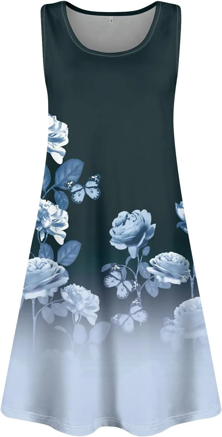 Womens Floral Sundress Spring Tunic Dress Sleeveless Summer Tank Dressses Boho Cover Up A Line Dress with Pocket