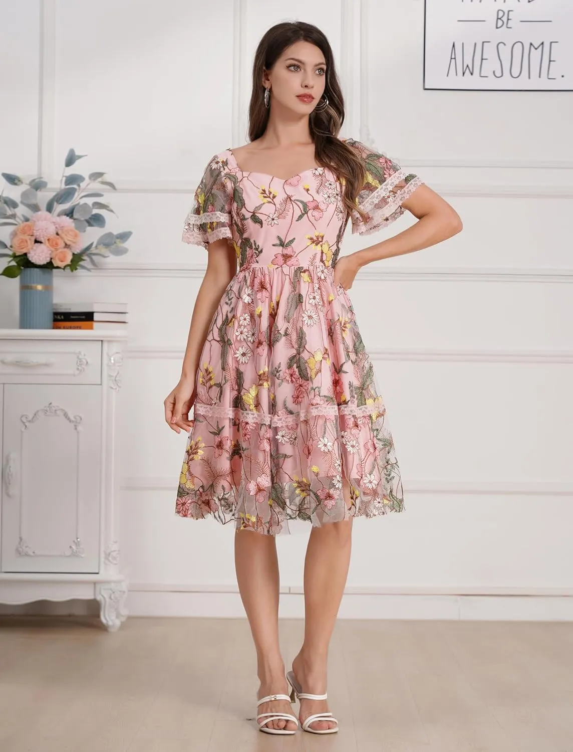 Women's Flower Embroidery Tulle Prom Dresses Ruffle Sleeve Square Neck Tulle Prom Dress Knee Length Cocktail Tea Dress
