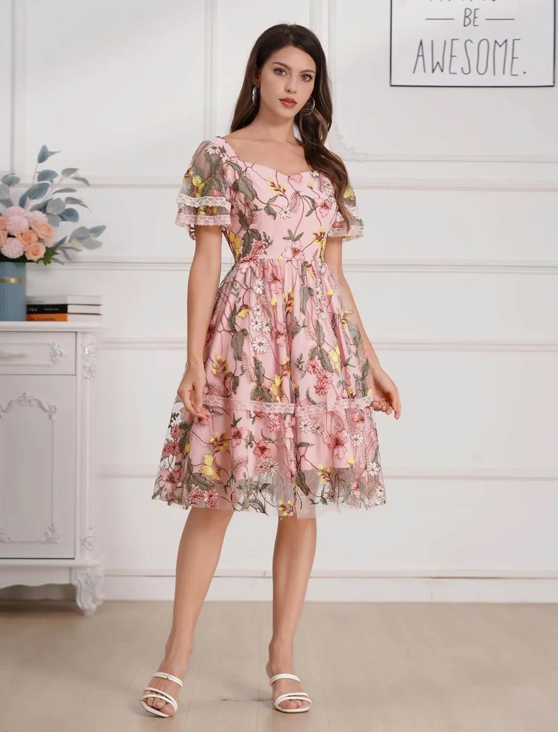 Women's Flower Embroidery Tulle Prom Dresses Ruffle Sleeve Square Neck Tulle Prom Dress Knee Length Cocktail Tea Dress