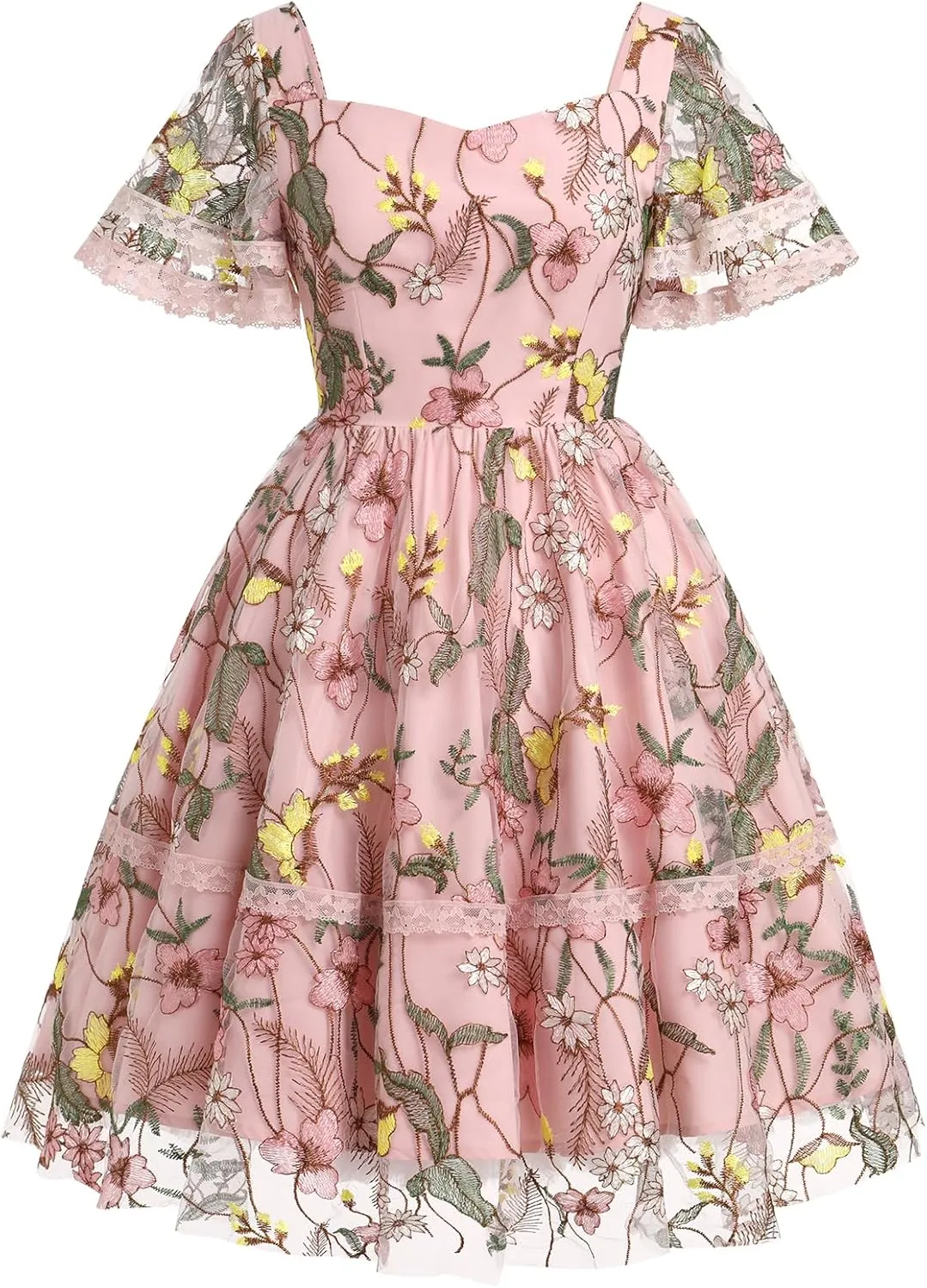 Women's Flower Embroidery Tulle Prom Dresses Ruffle Sleeve Square Neck Tulle Prom Dress Knee Length Cocktail Tea Dress
