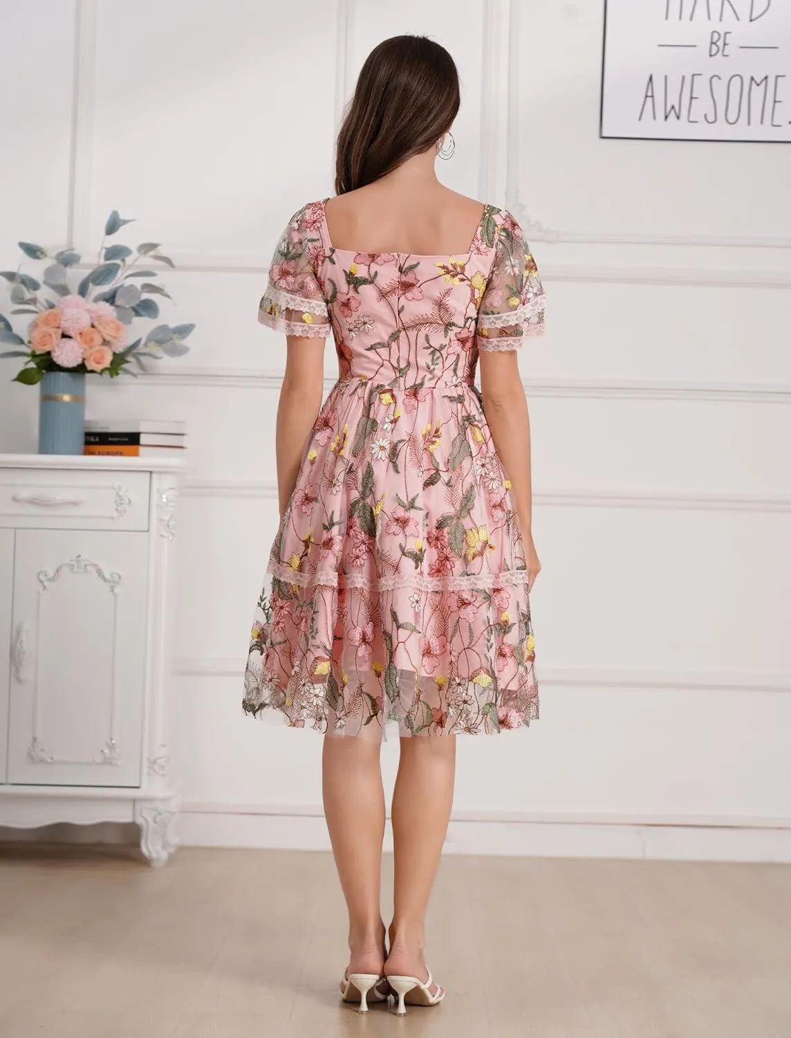 Women's Flower Embroidery Tulle Prom Dresses Ruffle Sleeve Square Neck Tulle Prom Dress Knee Length Cocktail Tea Dress