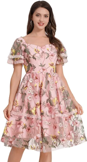 Women's Flower Embroidery Tulle Prom Dresses Ruffle Sleeve Square Neck Tulle Prom Dress Knee Length Cocktail Tea Dress