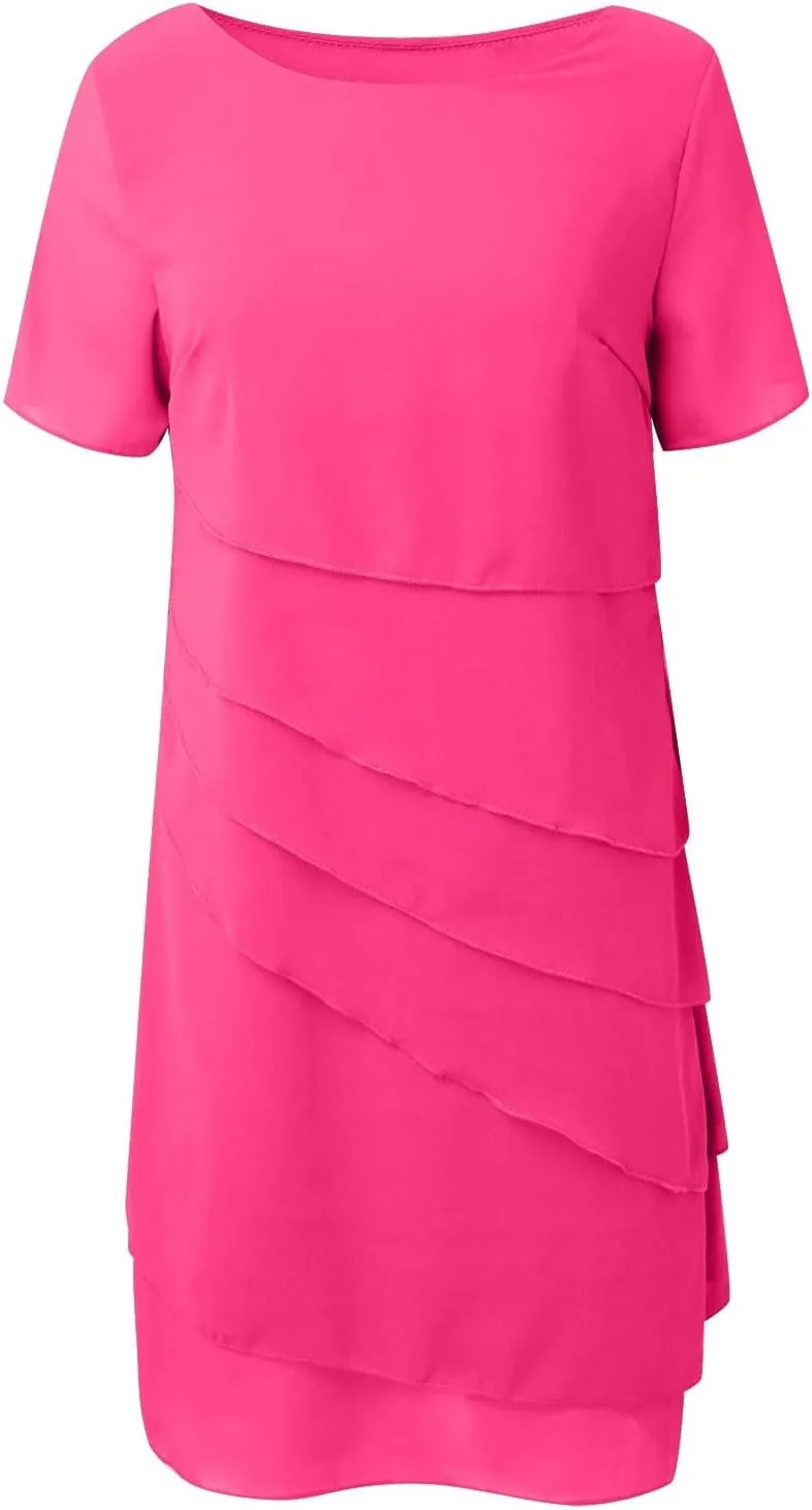 Womens Flowy Chiffon Tiered Midi Dress Summer Elegant Short Sleeve Layered Cocktail Dresses Flutter Elegant Dresses