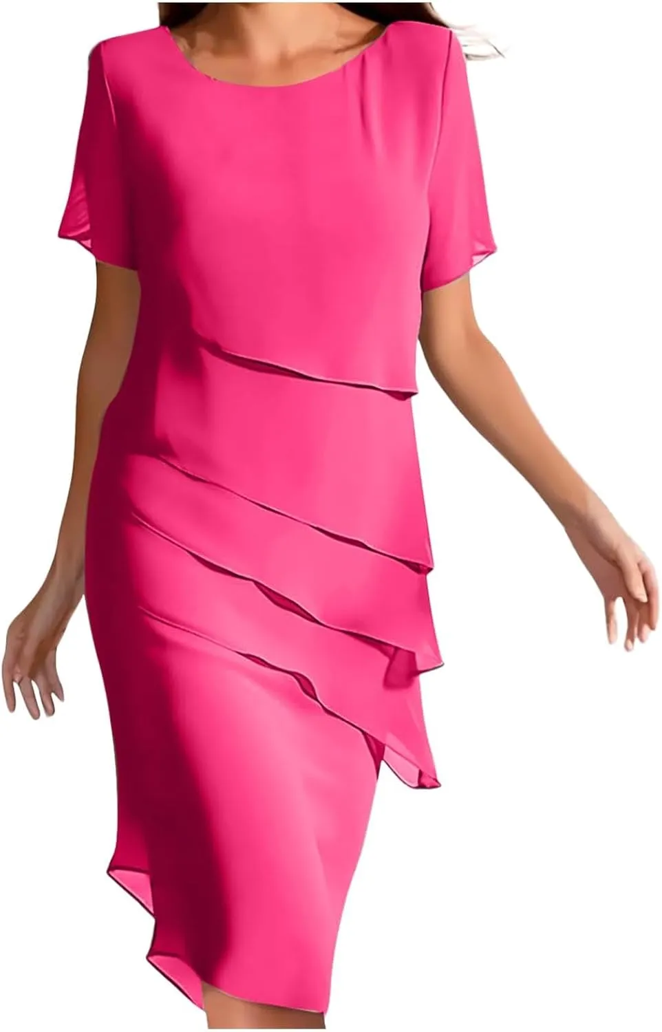 Womens Flowy Chiffon Tiered Midi Dress Summer Elegant Short Sleeve Layered Cocktail Dresses Flutter Elegant Dresses