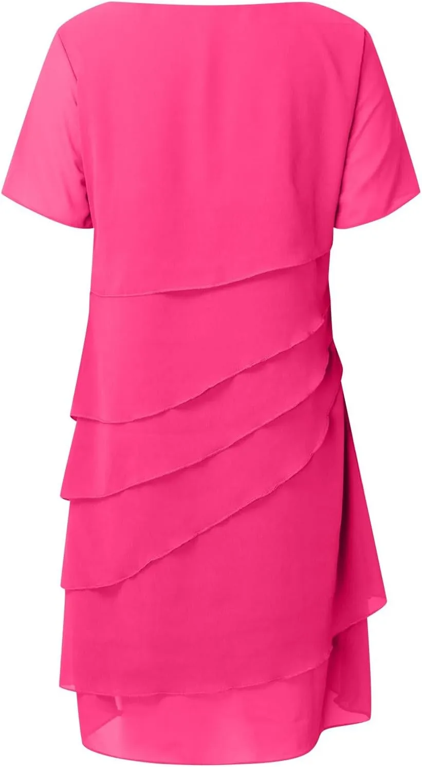 Womens Flowy Chiffon Tiered Midi Dress Summer Elegant Short Sleeve Layered Cocktail Dresses Flutter Elegant Dresses