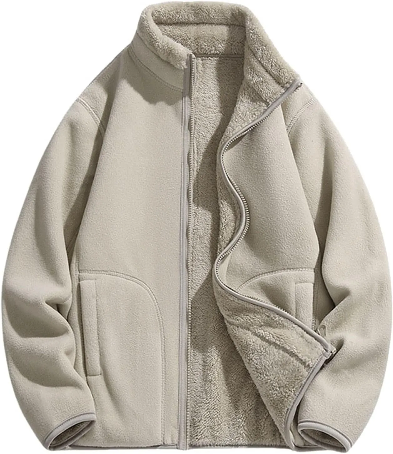 Womens Fuzzy Fleece Jacket Oversized Sherpa Zip Up Stand Collar Sweatshirts Solid Color Casual Winter Warm Outwear