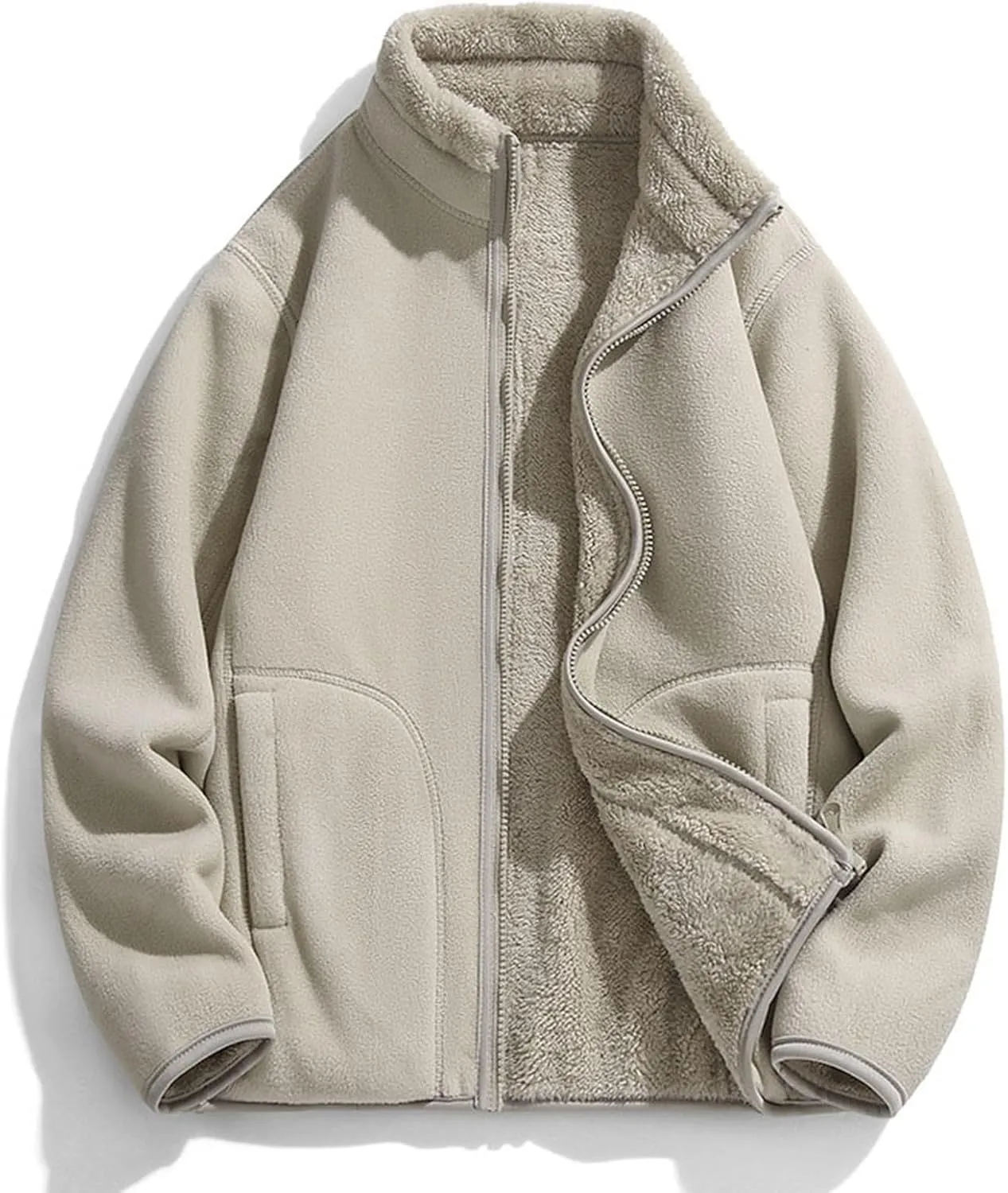 Womens Fuzzy Fleece Jacket Oversized Sherpa Zip Up Stand Collar Sweatshirts Solid Color Casual Winter Warm Outwear