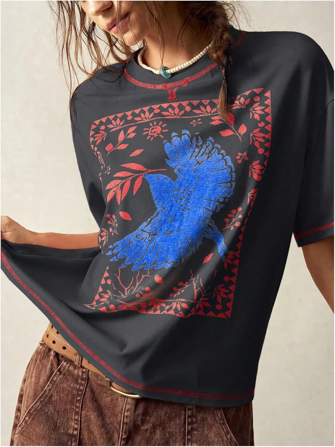 Women's Graphic Boho Short Sleeve Tee Tops Crewneck Loose Fit T Shirts Streetwear