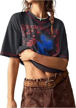 Women's Graphic Boho Short Sleeve Tee Tops Crewneck Loose Fit T Shirts Streetwear