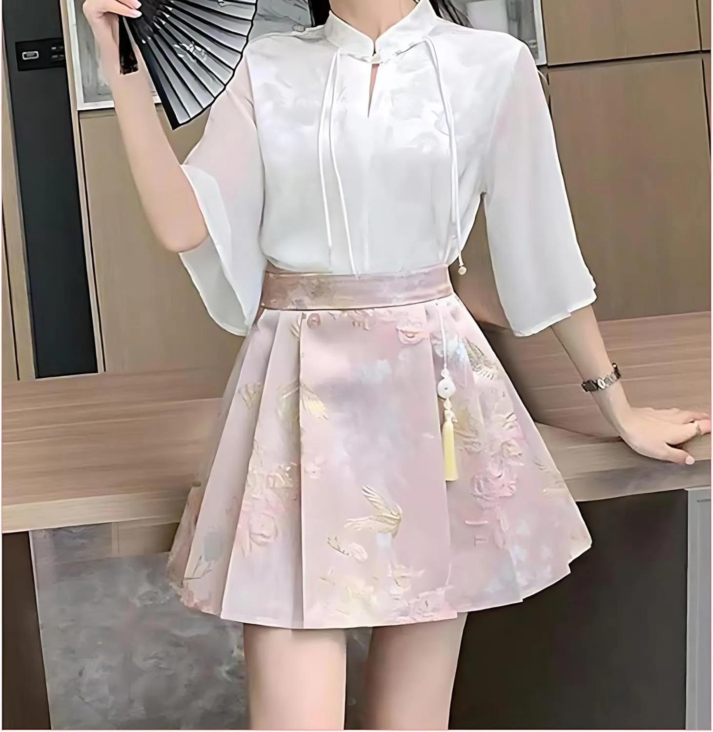 Women's Hanfu Pleated Mini Skirt Comfortable Casual Chinese Traditional Horse Face Short Skirt