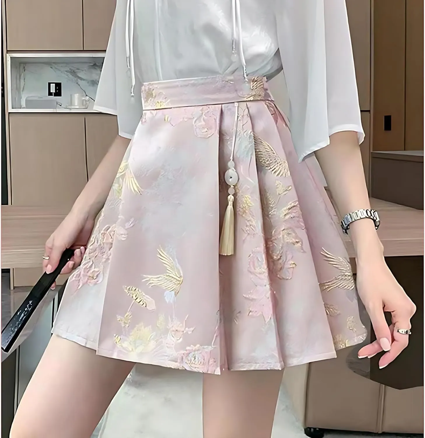 Women's Hanfu Pleated Mini Skirt Comfortable Casual Chinese Traditional Horse Face Short Skirt
