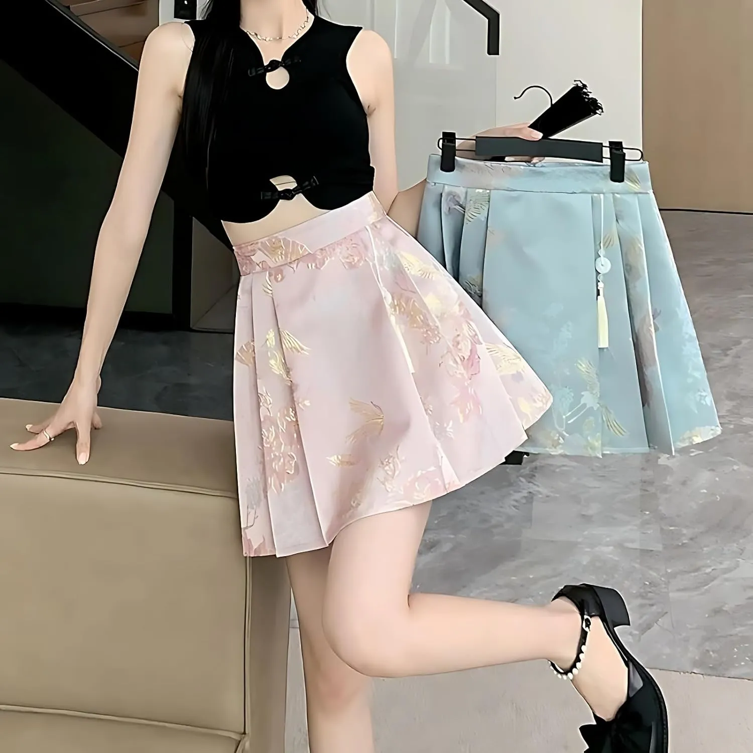 Women's Hanfu Pleated Mini Skirt Comfortable Casual Chinese Traditional Horse Face Short Skirt