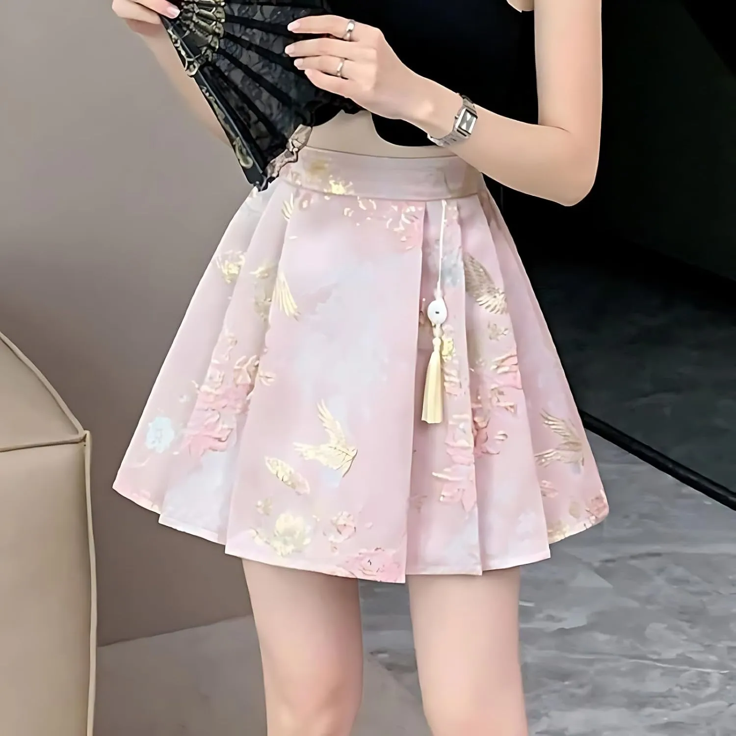 Women's Hanfu Pleated Mini Skirt Comfortable Casual Chinese Traditional Horse Face Short Skirt