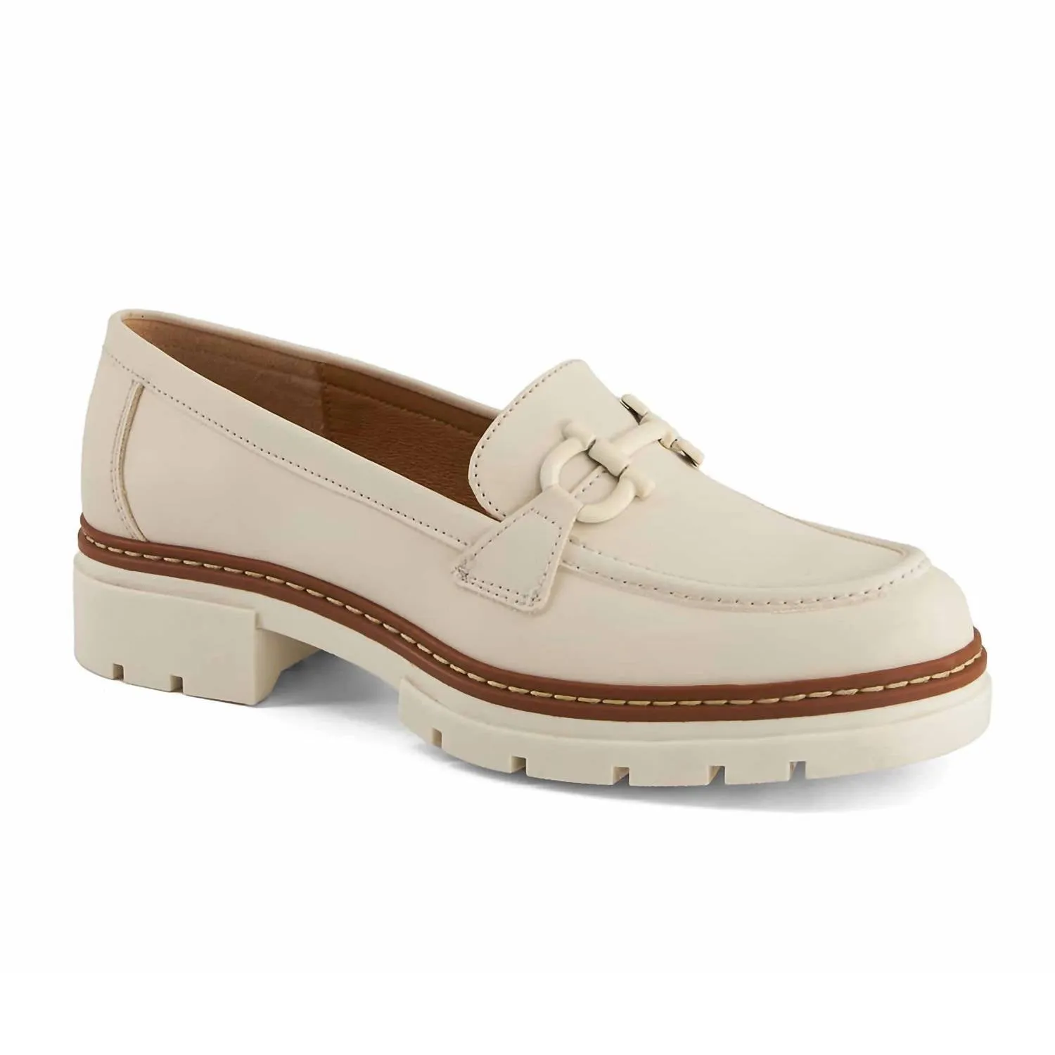 Women's Heeled Loafers In Light Beige Mesh Upper Comfortable Leather Shoes