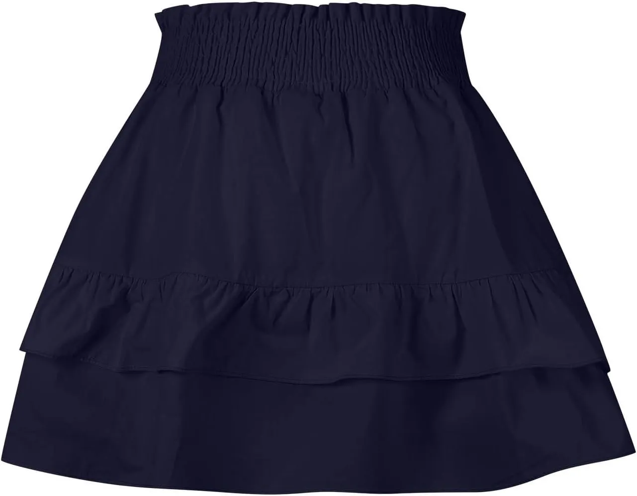 Women's High Waist Cotton Mini Skirts Flowy Ruffle Casual A-Line Short Skirt Summer Layered Pleated Beach Skirt