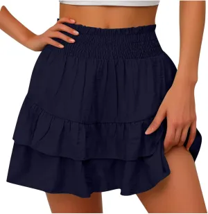 Women's High Waist Cotton Mini Skirts Flowy Ruffle Casual A-Line Short Skirt Summer Layered Pleated Beach Skirt