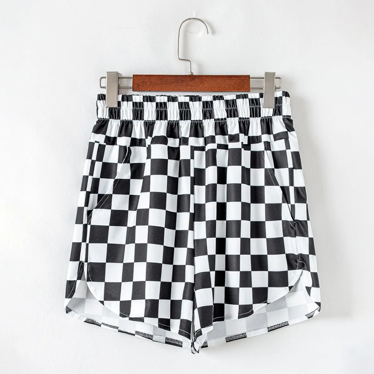 Women's High Waisted Checkered Shorts - Black, Regular, High Rise, Loose Fit, Gym/Running/Yoga, Checkered Pattern