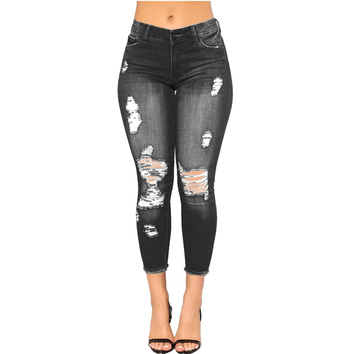 Women's High Waisted Ripped Jeans Slim Fit Butt Lifting Skinny Stretch Denim Pants Juniors Distressed Destroyed Jeans (X-Large,Black)