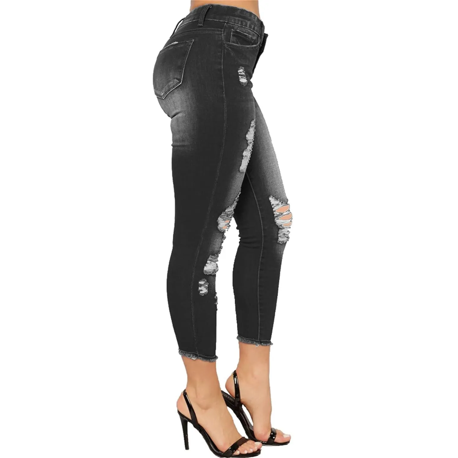 Women's High Waisted Ripped Jeans Slim Fit Butt Lifting Skinny Stretch Denim Pants Juniors Distressed Destroyed Jeans (X-Large,Black)
