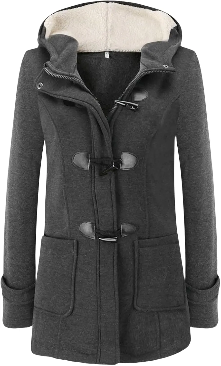 Womens Horn Button Hooded Coat Fleece Lined Thicken Jacket Outdoor Warm Wool Blended Classic Pea Coat with Pockets