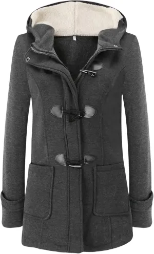 Womens Horn Button Hooded Coat Fleece Lined Thicken Jacket Outdoor Warm Wool Blended Classic Pea Coat with Pockets