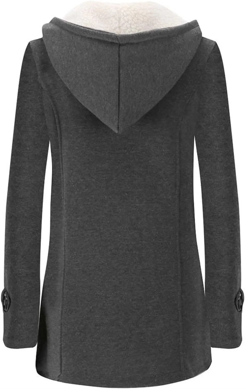 Womens Horn Button Hooded Coat Fleece Lined Thicken Jacket Outdoor Warm Wool Blended Classic Pea Coat with Pockets