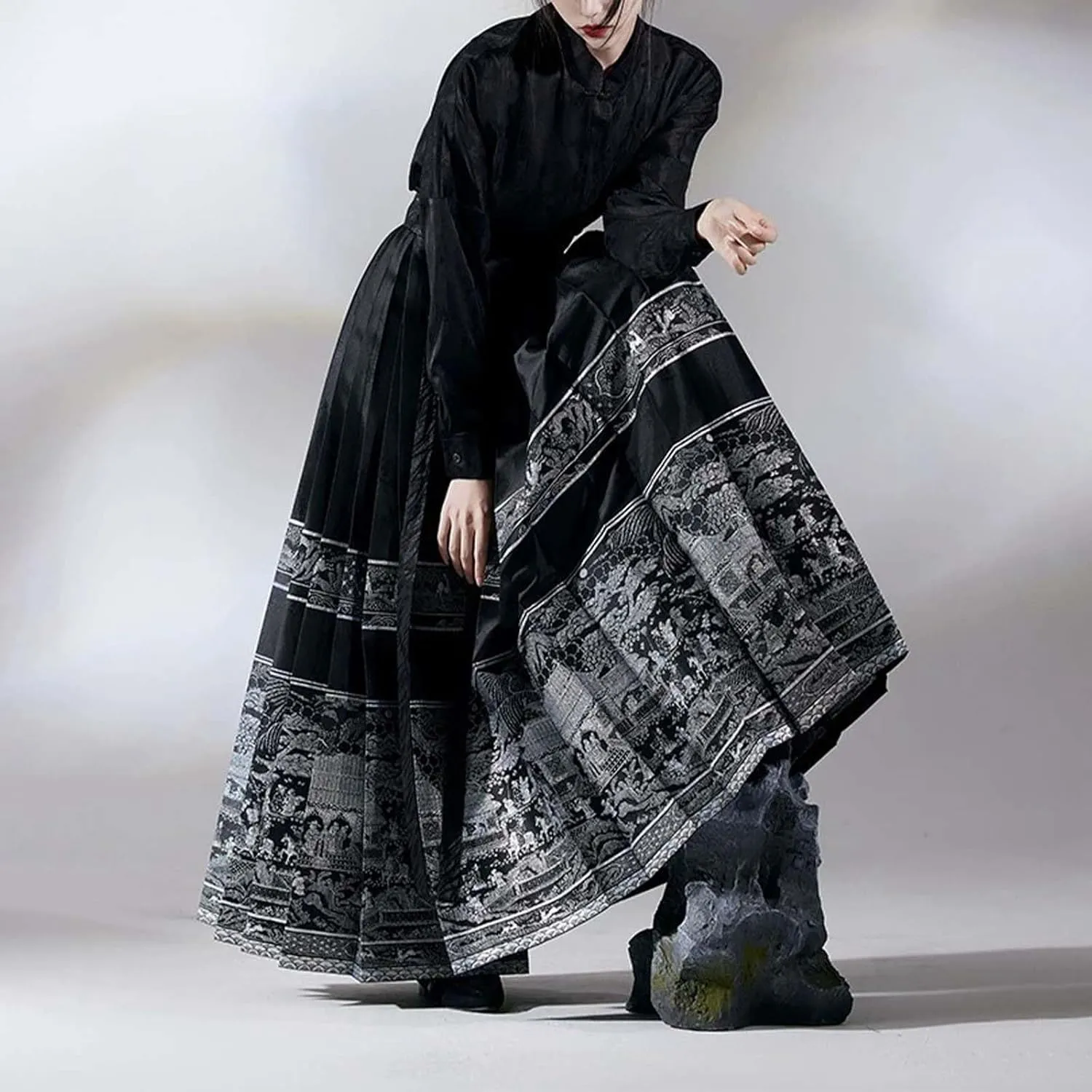 Women's Horse Face Skirt Long Swing Pleated Tie Up A-Line Skirt Chinese Ming Dynasty Horse Hanfu Face Skirts