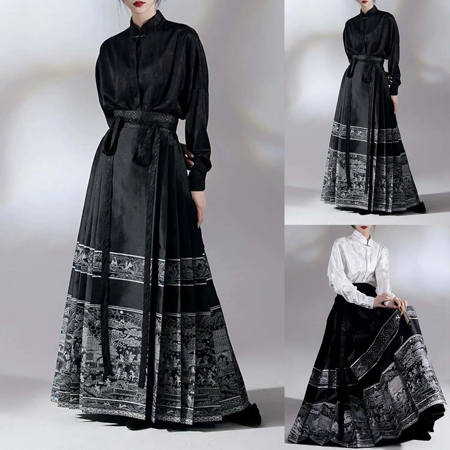 Women's Horse Face Skirt Long Swing Pleated Tie Up A-Line Skirt Chinese Ming Dynasty Horse Hanfu Face Skirts