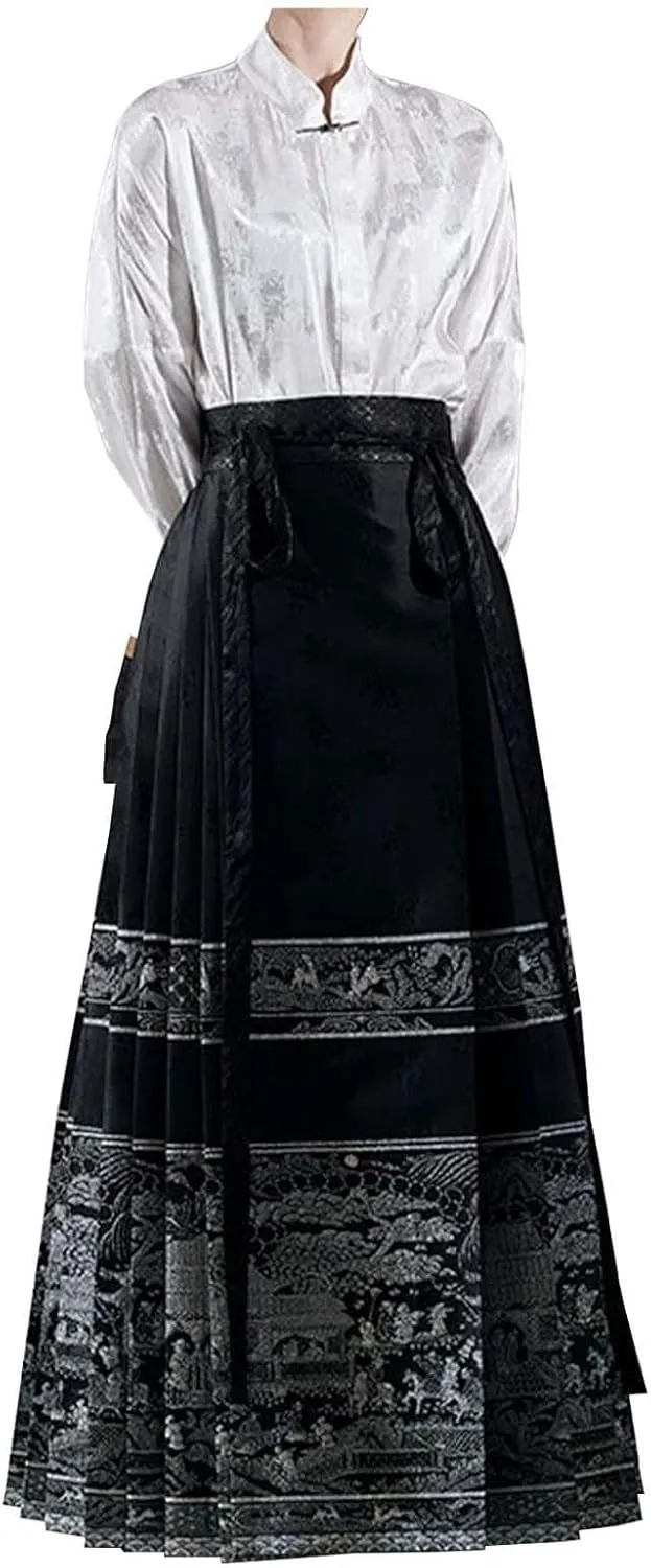 Women's Horse Face Skirt Long Swing Pleated Tie Up A-Line Skirt Chinese Ming Dynasty Horse Hanfu Face Skirts