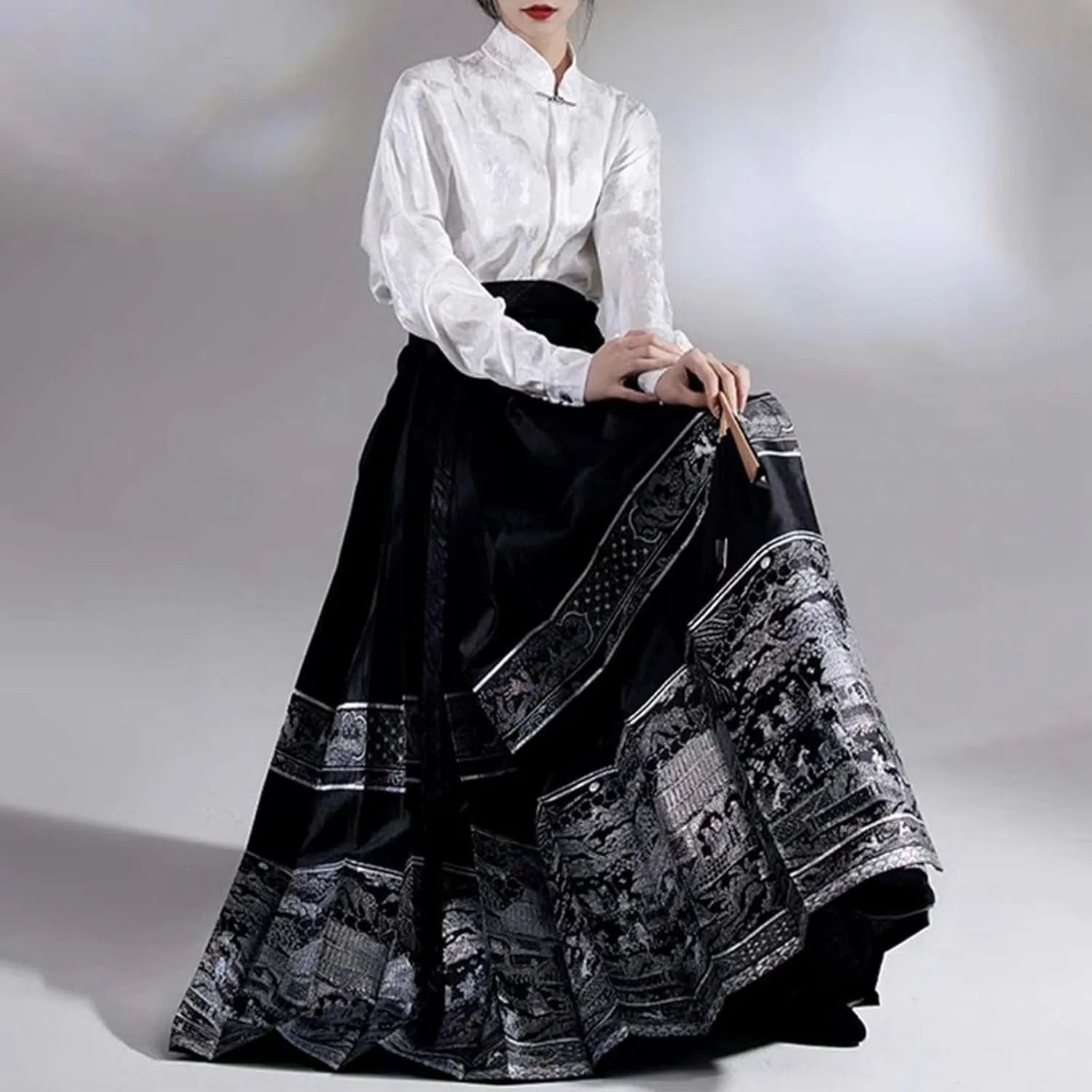 Women's Horse Face Skirt Long Swing Pleated Tie Up A-Line Skirt Chinese Ming Dynasty Horse Hanfu Face Skirts