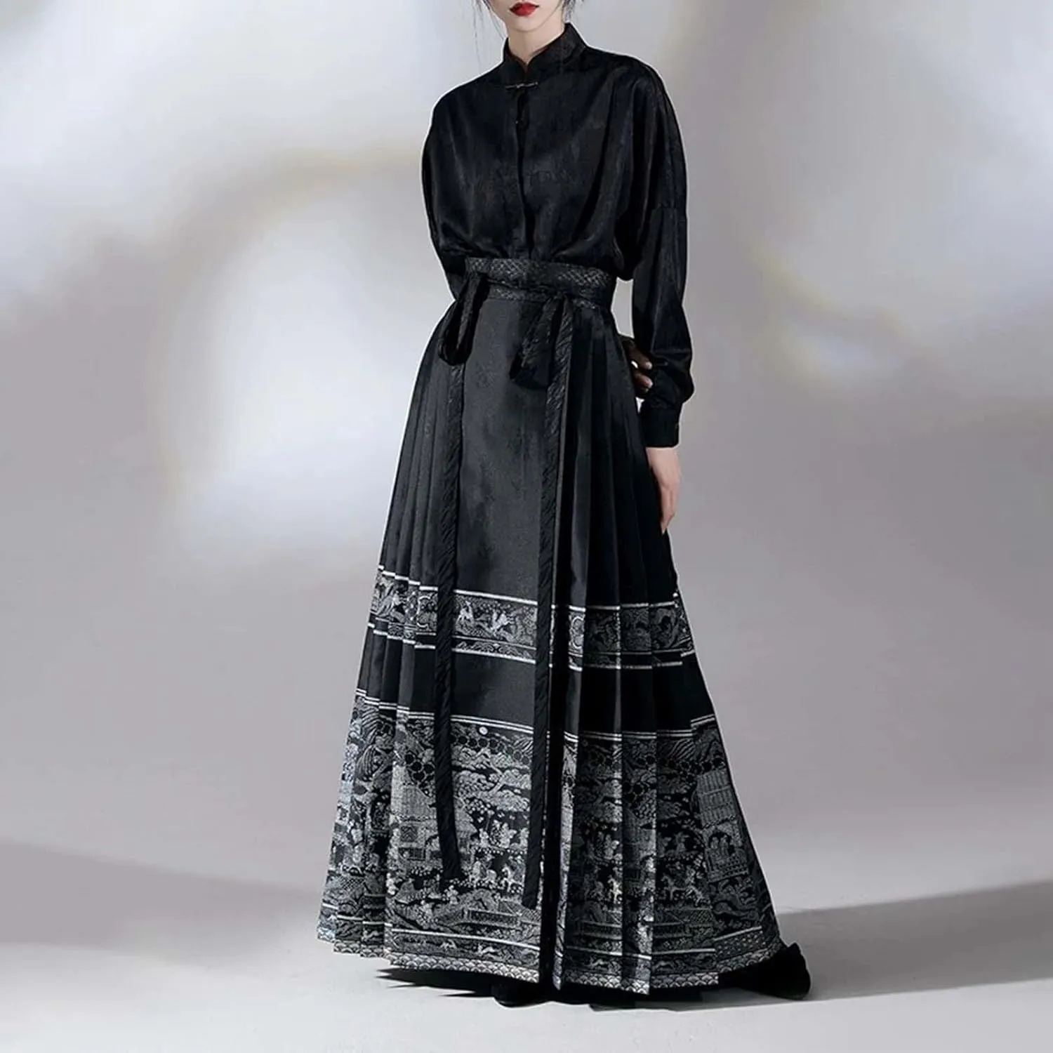 Women's Horse Face Skirt Long Swing Pleated Tie Up A-Line Skirt Chinese Ming Dynasty Horse Hanfu Face Skirts