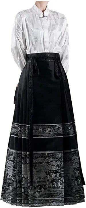 Women's Horse Face Skirt Long Swing Pleated Tie Up A-Line Skirt Chinese Ming Dynasty Horse Hanfu Face Skirts