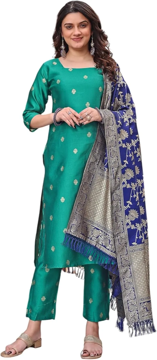Women's jacquard Silk Wowen Degin 3/4 Sleeve Round Neck Kurta Set With Pant and Dupatta (Mugdha)