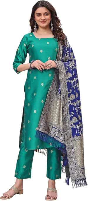 Women's jacquard Silk Wowen Degin 3/4 Sleeve Round Neck Kurta Set With Pant and Dupatta (Mugdha)