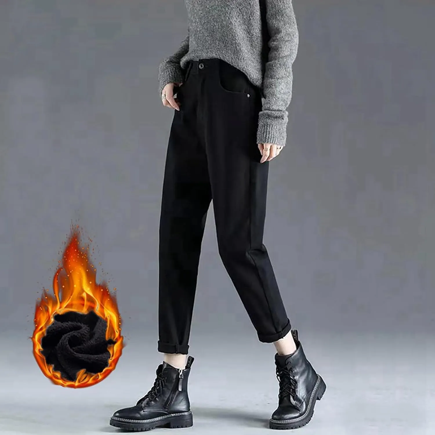 Women's Jeans High Waisted Warm Winter Stretchy Fleece Lined Thicken Lounge Boot Cut Slim Fit Trousers with Pockets