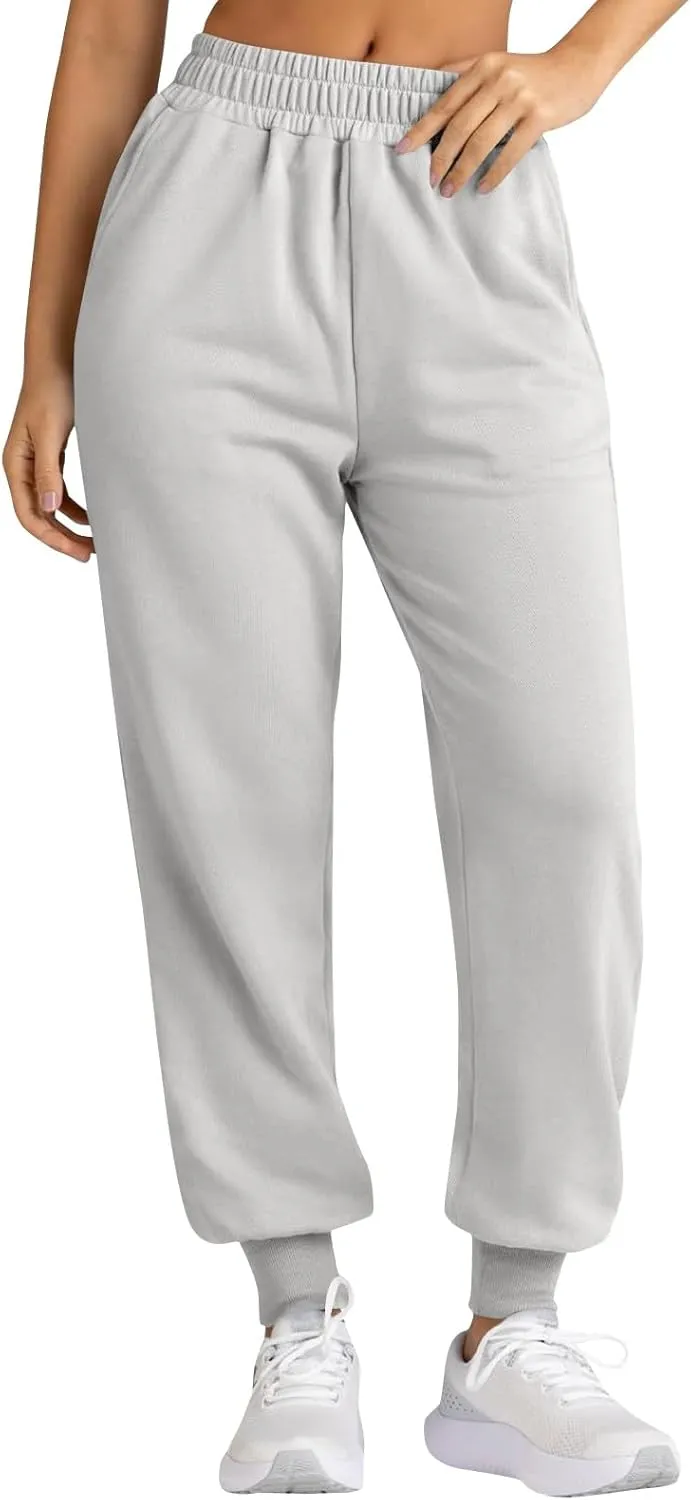 Womens Joggers with Pockets Baggy Fleece Lounge Pants Elastic High Waisted Jogger Pants Tapered Pull on Sweatpants