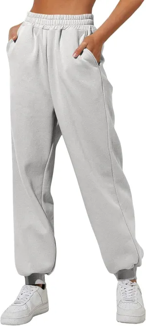 Womens Joggers with Pockets Baggy Fleece Lounge Pants Elastic High Waisted Jogger Pants Tapered Pull on Sweatpants