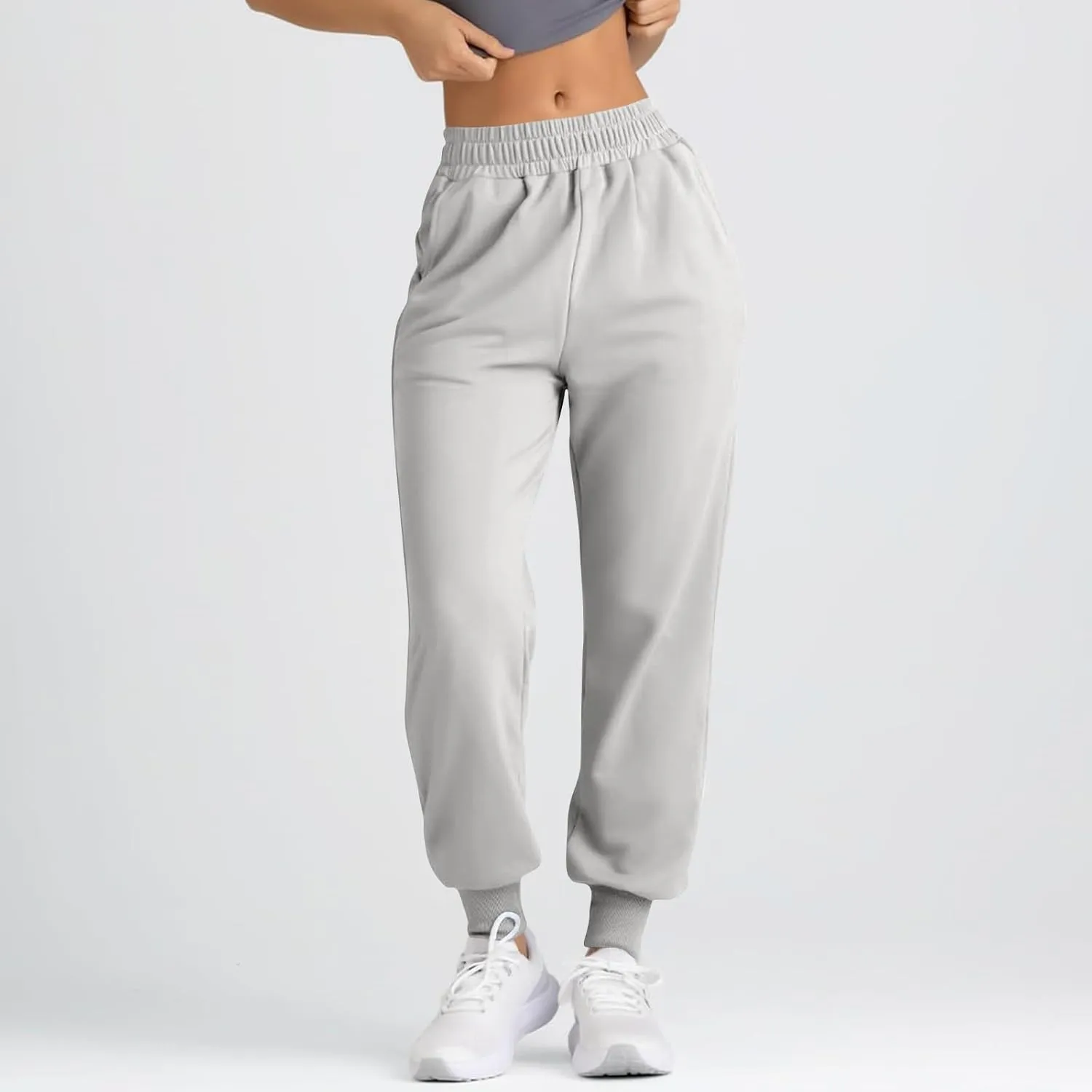 Womens Joggers with Pockets Baggy Fleece Lounge Pants Elastic High Waisted Jogger Pants Tapered Pull on Sweatpants