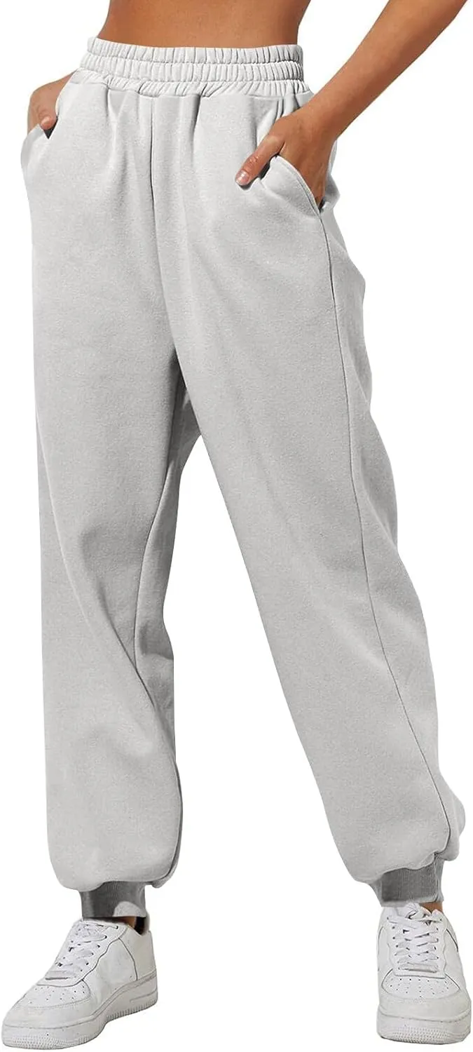 Womens Joggers with Pockets Baggy Fleece Lounge Pants Elastic High Waisted Jogger Pants Tapered Pull on Sweatpants